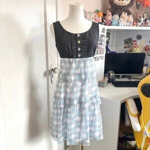Black + blue tiered gingham babydoll midi dress with ruffles and buttons